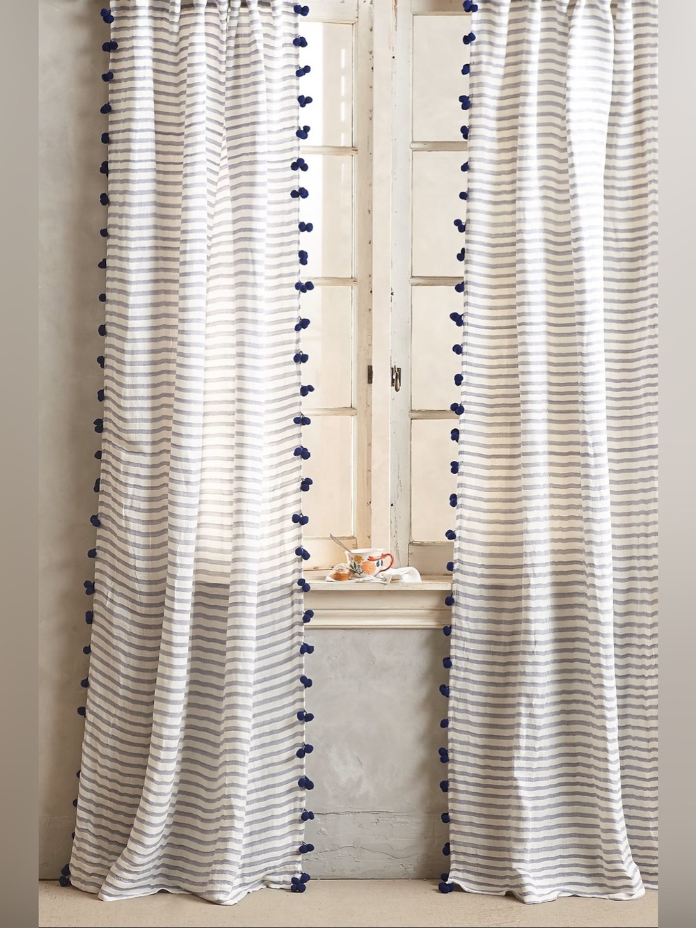 Anthropologie Pom Tassel Striped Curtain Navy - Picture 1 of 6